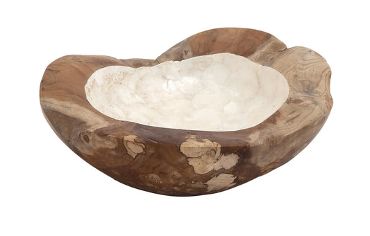 16" Handmade round Live Edge Free Form Brown Teak Wood Decorative Bowl with Capiz Interior