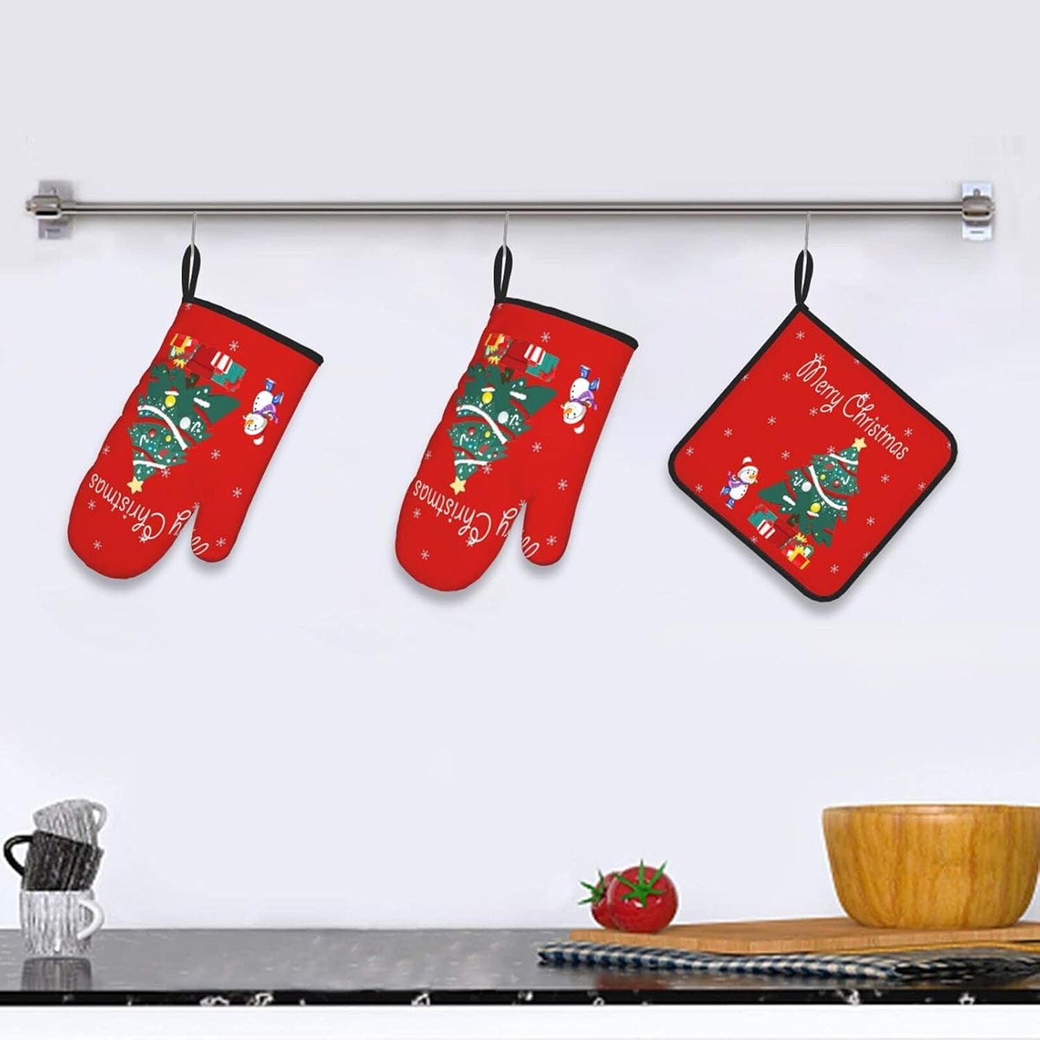 Christmas Oven Mitts - and Pot Holder Gloves Women Men Safe Cooking Oven Gloves for BBQ Cooking Housewarming Kitchen Decoration（ Christmas Oven Mitts Set Red）