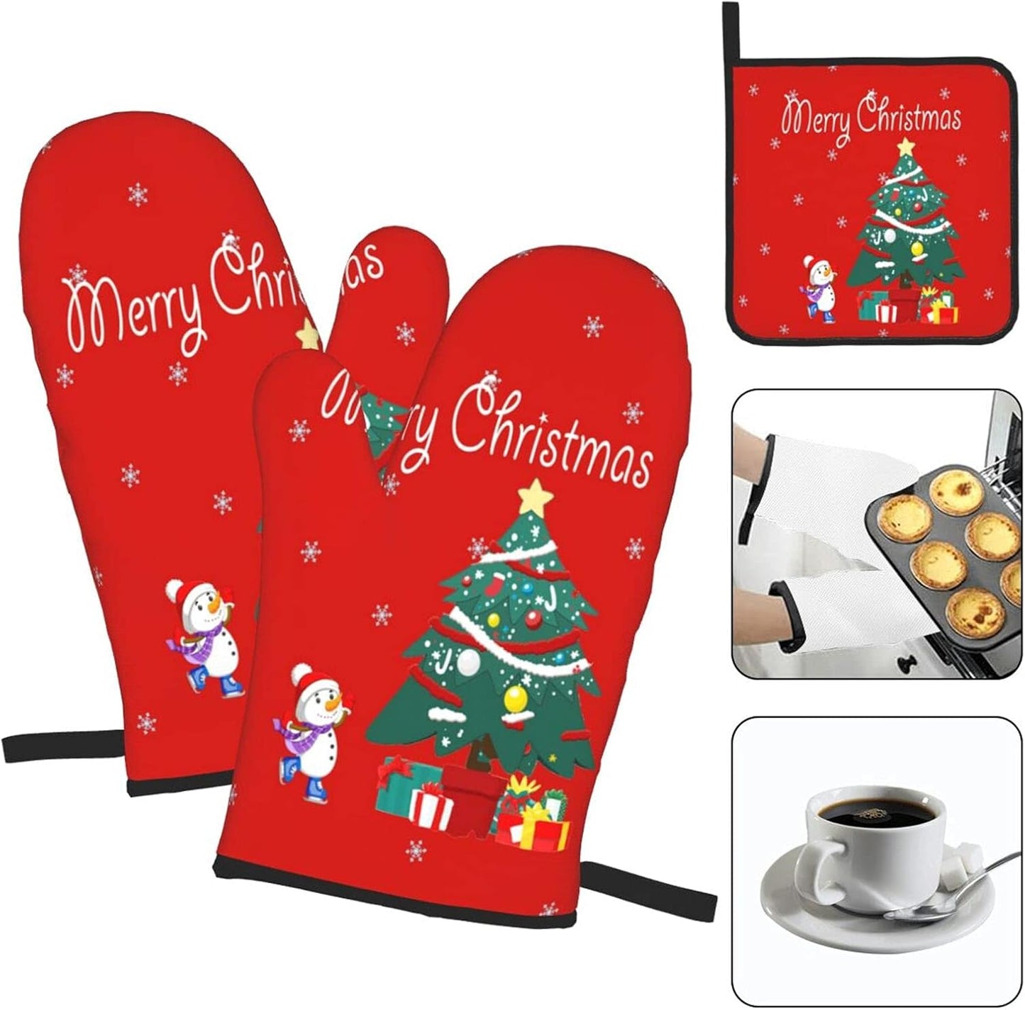 Christmas Oven Mitts - and Pot Holder Gloves Women Men Safe Cooking Oven Gloves for BBQ Cooking Housewarming Kitchen Decoration（ Christmas Oven Mitts Set Red）